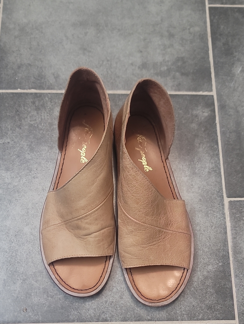 Free People Tan Leather Open-Toe Slide Mules
